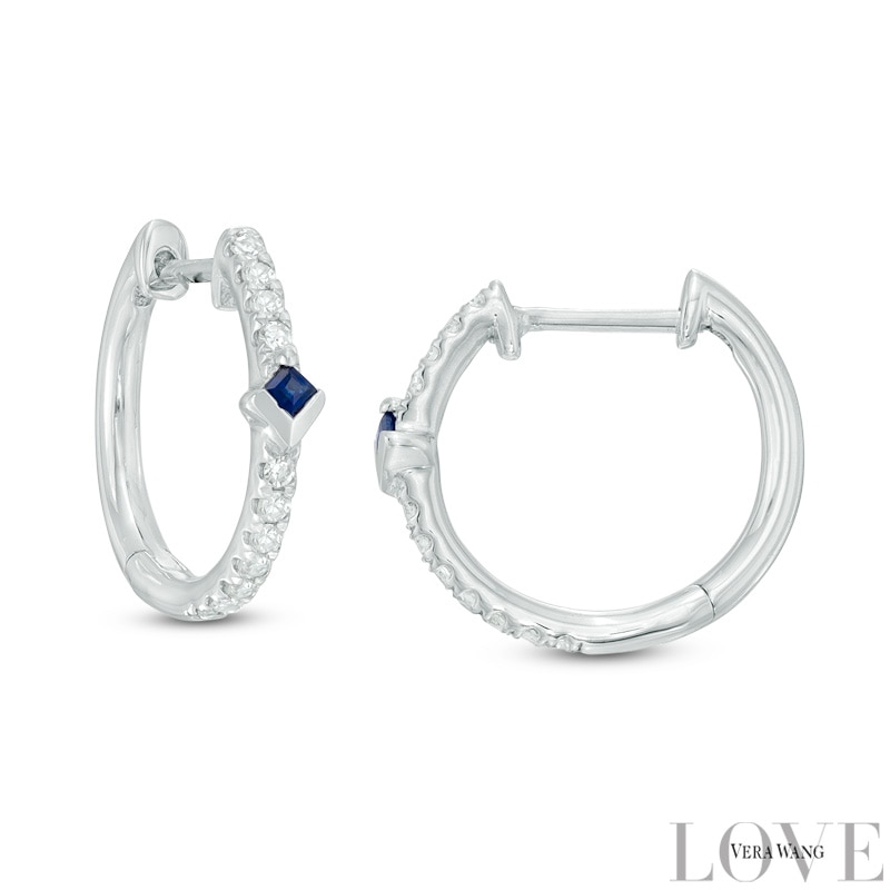 Main Image 1 of Vera Wang Love Collection 0.149 CT. T.W. Diamond and Blue Sapphire Hoop Earrings in 14K White Gold