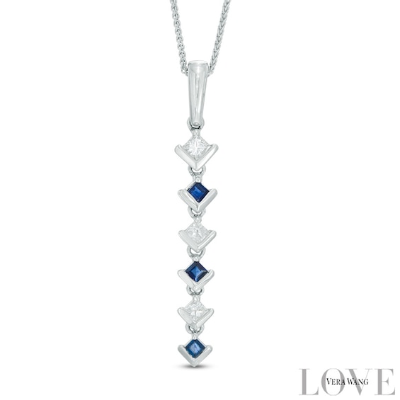 Vera Wang Love Collection 0.15 CT. T.W. Diamond and Blue Sapphire Alternating Drop Pendant in 14K White Gold