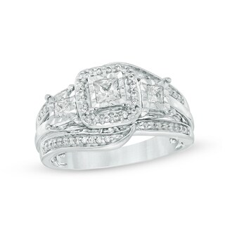 0.63 CT. T.W. Princess-Cut Diamond Square Frame Past Present Future® Three Stone Ring in 10K White Gold