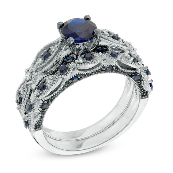 6.0mm Lab-Created Blue Sapphire and 0.10 CT. T.W. Diamond Bridal Set in 10K White Gold