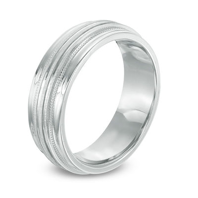 Men's 7.0mm Milgrain Multi-Groove Sterling Silver Wedding Band