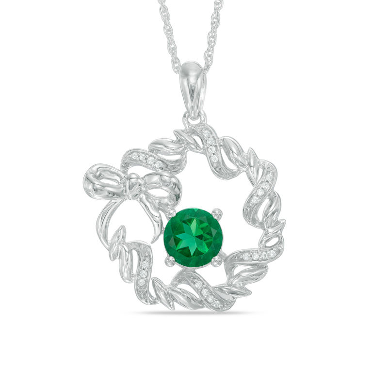 7.0mm Lab-Created Emerald and Diamond Accent Wreath with Bow Pendant in Sterling Silver|Peoples Jewellers
