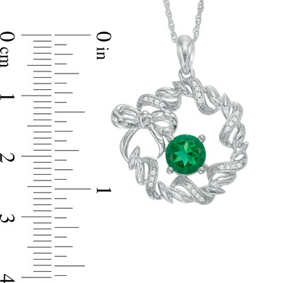 7.0mm Lab-Created Emerald and Diamond Accent Wreath with Bow Pendant in Sterling Silver