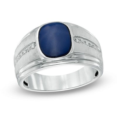 Men's Cushion-Cut Simulated Blue Star Glass and Diamond Accent Ring in 10K White Gold