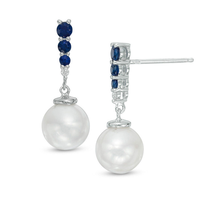 Vera Wang LOVE 7.0-8.0mm Akoya Cultured Pearl, Blue Sapphire and Diamond Accent Drop Earrings in 14K White Gold|Peoples Jewellers