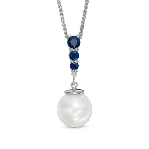 Vera Wang LOVE 8.0-9.0mm Akoya Cultured Pearl, Blue Sapphire and Diamond Accent Pendant in 14K White Gold