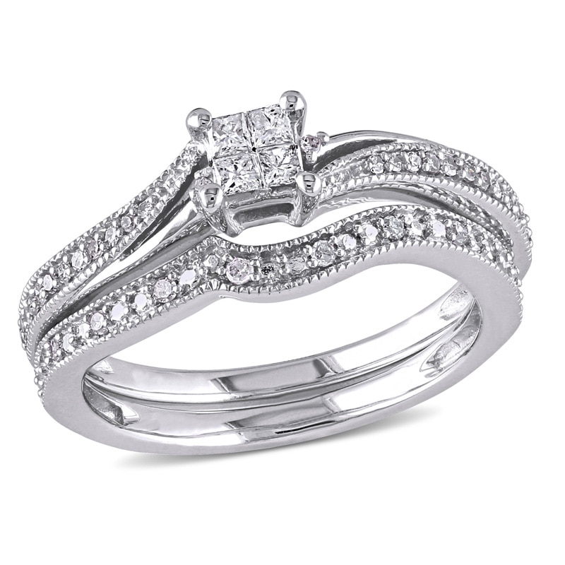 0.26 CT. T.W. Quad Princess-Cut Diamond Bypass Vintage-Style Bridal Set in 10K White Gold|Peoples Jewellers