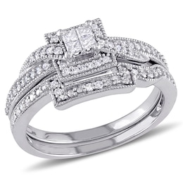 0.30 CT. T.W. Quad Princess-Cut Diamond Square Frame Crossover Vintage-Style Bridal Set in 10K White Gold