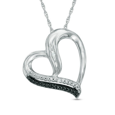 Enhanced Black and White Diamond Accent Tilted Heart Pendant in Sterling Silver