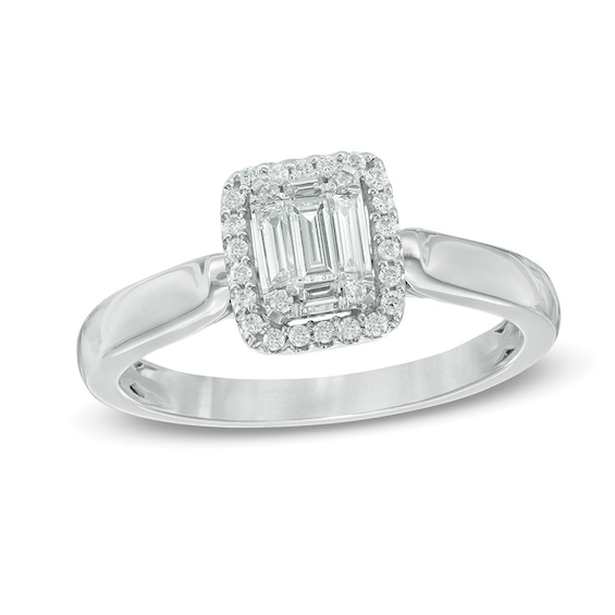 0.25 CT. T.W. Baguette and Round Composite Diamond Rectangle Frame Bold Engagement Ring in 10K White Gold