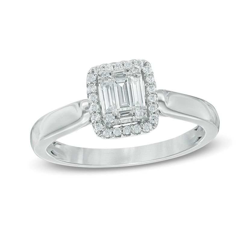 0.25 CT. T.W. Baguette and Round Composite Diamond Rectangle Frame Bold Engagement Ring in 10K White Gold|Peoples Jewellers