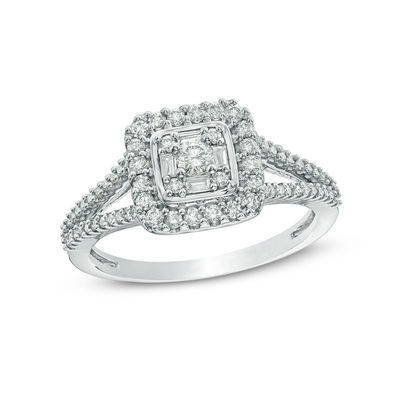 0.50 CT. T.W. Baguette and Round Composite Diamond Square Frame Ring in 10K White Gold