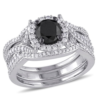 1.51 CT. T.W. Enhanced Black and White Diamond Frame Twist Three Piece Bridal Set in 10K White Gold