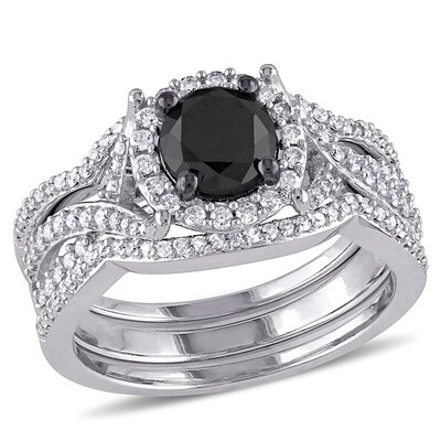 1.51 CT. T.W. Enhanced Black and White Diamond Frame Twist Three Piece Bridal Set in 10K White Gold