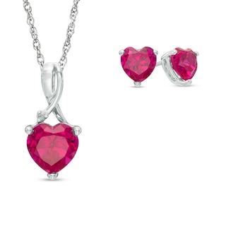 Heart-Shaped Lab-Created Ruby and Diamond Accent Pendant and Stud Earrings Set in Sterling Silver