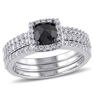 0.75 CT. Cushion-Shaped Black Diamond and Created White Sapphire Three Piece Bridal Set in 10K White Gold