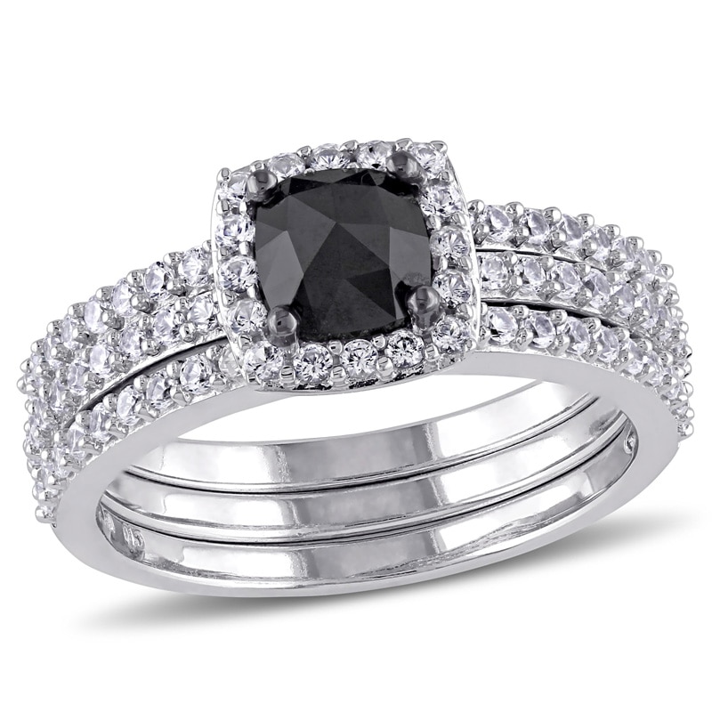 0.75 CT. Cushion-Cut Black Diamond and Created White Sapphire Three Piece Bridal Set in 10K White Gold|Peoples Jewellers
