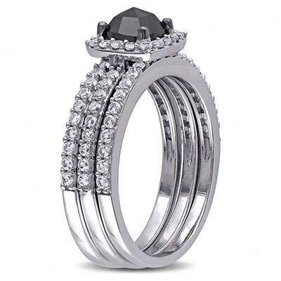 0.75 CT. Cushion-Shaped Black Diamond and Created White Sapphire Three Piece Bridal Set in 10K White Gold