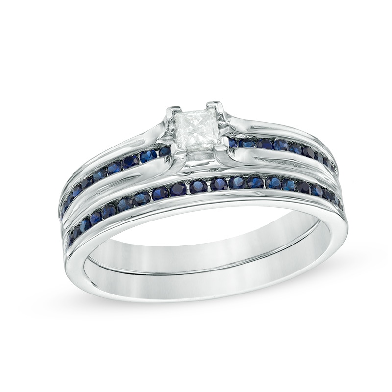 0.15 CT. Princess-Cut Diamond and Lab-Created Blue Sapphire Bridal Set in Sterling Silver|Peoples Jewellers