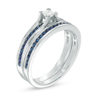 0.15 CT. Princess-Cut Diamond and Lab-Created Blue Sapphire Bridal Set in Sterling Silver