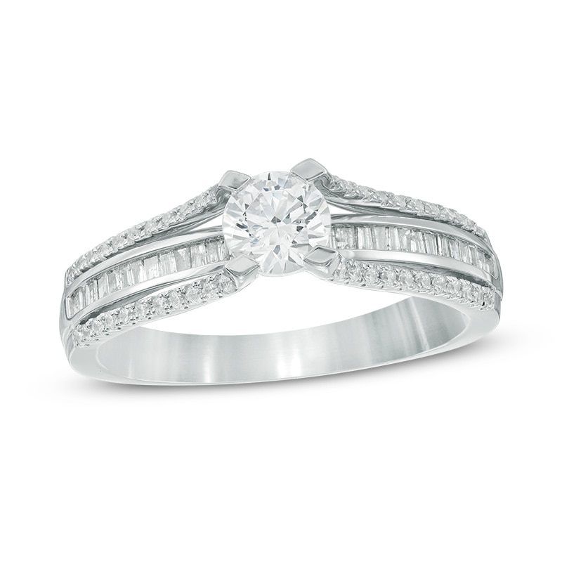 0.83 CT. T.W. Baguette and Round Diamond Triple Row Engagement Ring in 14K White Gold|Peoples Jewellers