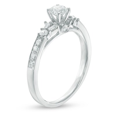 0.66 CT. T.W. Baguette and Round Diamond Split Shank Engagement Ring in 14K White Gold