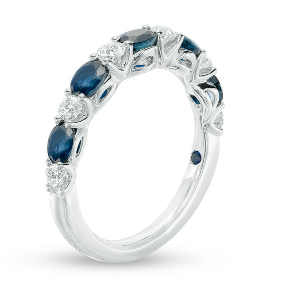 Vera Wang Love Collection Oval Blue Sapphire and 0.37 CT. T.W. Diamond Alternating Band in 14K White Gold