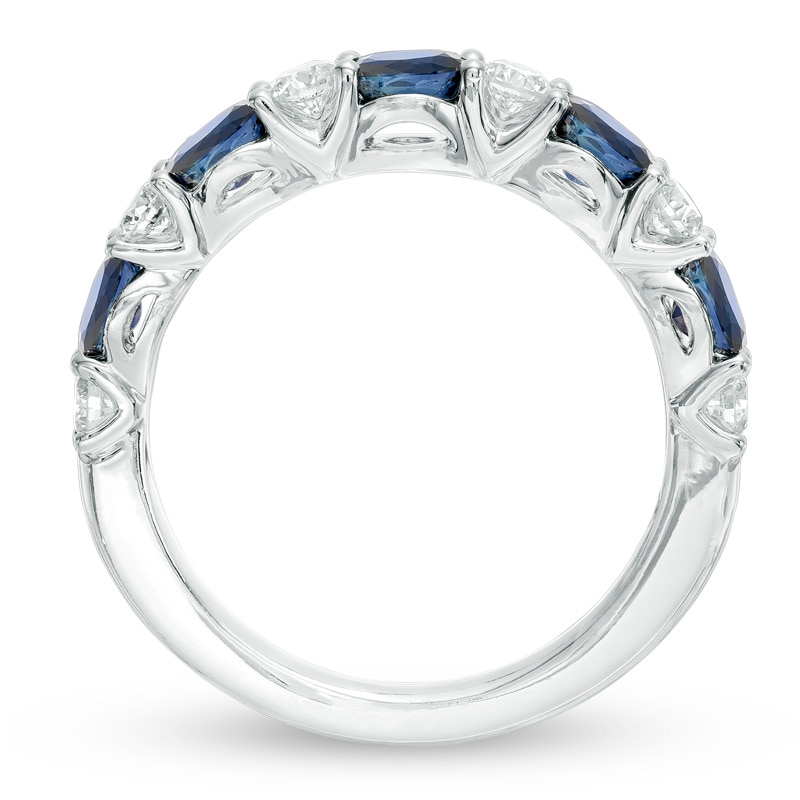 Vera Wang Love Collection Oval Blue Sapphire and 0.37 CT. T.W. Diamond Alternating Band in 14K White Gold