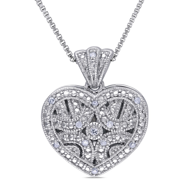 Diamond Accent Vintage-Style Beaded Heart Frame Locket in Sterling Silver|Peoples Jewellers