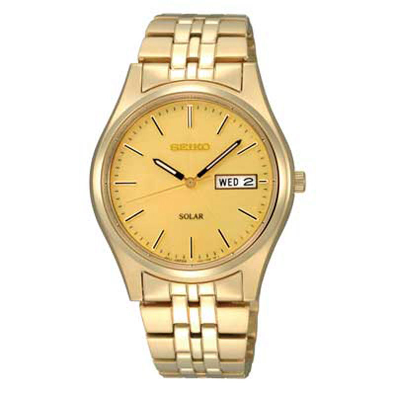 Men's Seiko Solar Gold-Tone Watch with Champagne Dial (Model: SNE036)|Peoples Jewellers