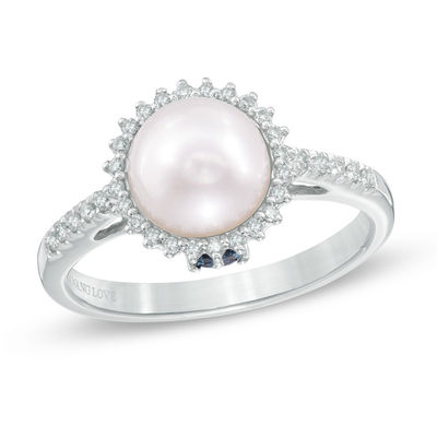 Vera Wang LOVE Akoya Cultured Pearl and 0.14 CT. T.W. Diamond Frame Ring in 14K White Gold-Size 7