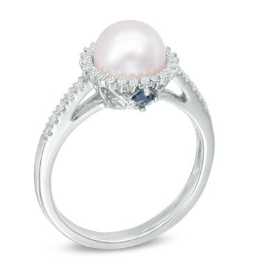 Vera Wang LOVE Akoya Cultured Pearl and 0.14 CT. T.W. Diamond Frame Ring in 14K White Gold-Size 7