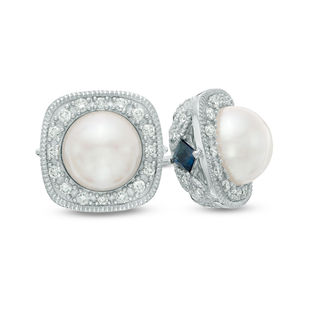 Vera Wang Love Collection Akoya Cultured Pearl and 0.25 CT. T.W. Diamond Cushion Frame Stud Earrings in 14K White Gold