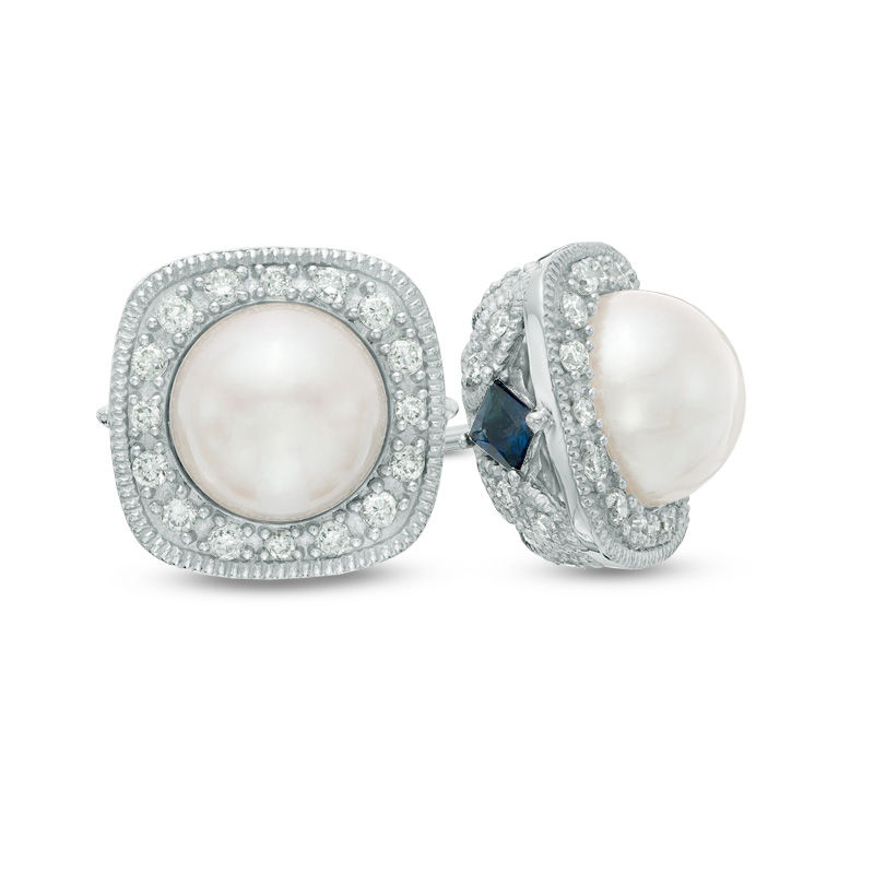 Vera Wang Love Collection Akoya Cultured Pearl and 0.25 CT. T.W. Diamond Cushion Frame Stud Earrings in 14K White Gold|Peoples Jewellers