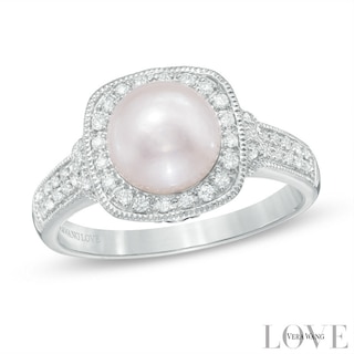 Vera Wang LOVE Akoya Cultured Pearl and 0.20 CT. T.W. Diamond Frame Ring in 14K White Gold-Size 7