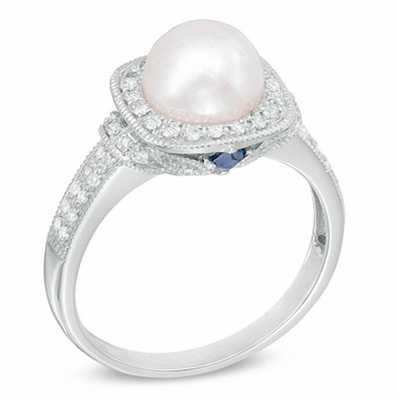 Vera Wang LOVE Akoya Cultured Pearl and 0.20 CT. T.W. Diamond Frame Ring in 14K White Gold-Size 7