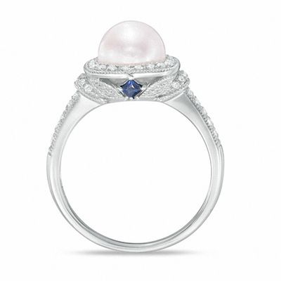 Vera Wang LOVE Akoya Cultured Pearl and 0.20 CT. T.W. Diamond Frame Ring in 14K White Gold-Size 7