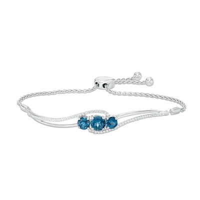 6.0mm London Blue Topaz and Lab-Created White Sapphire Three Stone Bypass Bolo Bracelet in Sterling Silver - 8.0"