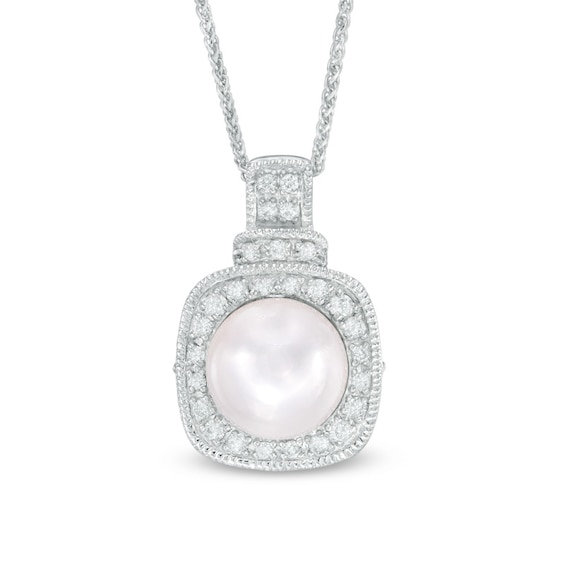 Vera Wang LOVE 7.5-8.0mm Akoya Cultured Pearl and 0.14 CT. T.W. Diamond Frame Pendant in 14K White Gold