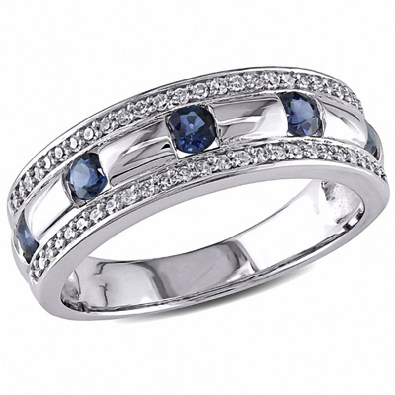 Men's Blue Sapphire and 0.25 CT. T.W. Diamond Triple Row Wedding Band in 10K White Gold|Peoples Jewellers