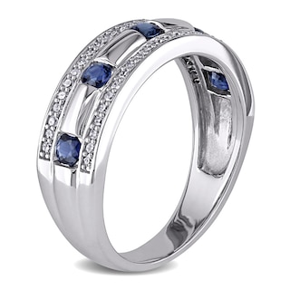 Men's Blue Sapphire and 0.25 CT. T.W. Diamond Triple Row Wedding Band in 10K White Gold