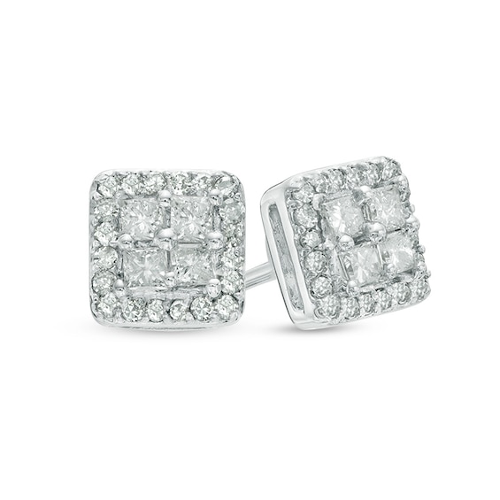 0.37 CT. T.W. Quad Princess-Cut Diamond Frame Stud Earrings in 10K White Gold