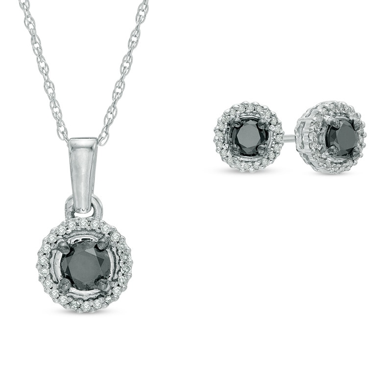 0.70 CT. T.W. Enhanced Black and White Diamond Frame Pendant and Earrings Set in 10K White Gold|Peoples Jewellers