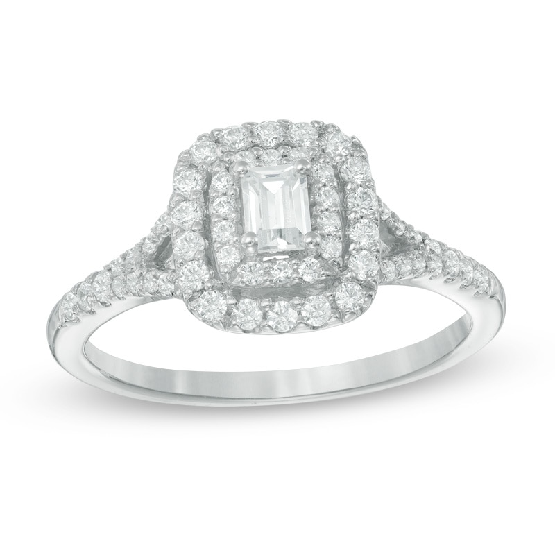 0.45 CT. T.W. Emerald-Cut Diamond Double Frame Split Shank Engagement Ring in 14K White Gold