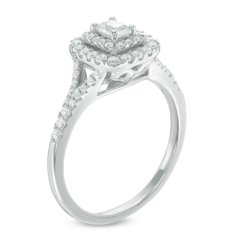 0.45 CT. T.W. Emerald-Cut Diamond Double Frame Split Shank Engagement Ring in 14K White Gold