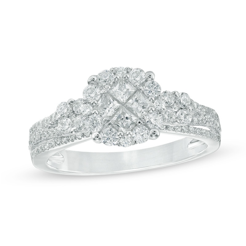 0.80 CT. T.W. Princess-Cut Quad Diamond Tilted Frame Engagement Ring in 14K White Gold|Peoples Jewellers
