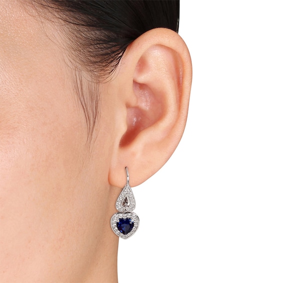 Heart-Shaped Lab-Created Blue and White Sapphire Frame Drop Earrings in Sterling Silver