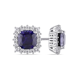 7.0mm Cushion-Cut Lab-Created Blue and White Sapphire Frame Stud Earrings in Sterling Silver