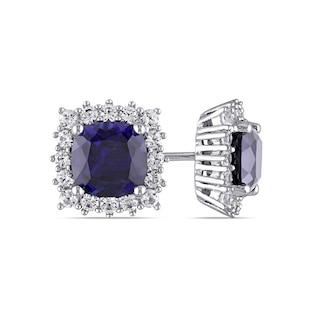 7.0mm Cushion-Cut Lab-Created Blue and White Sapphire Frame Stud Earrings in Sterling Silver