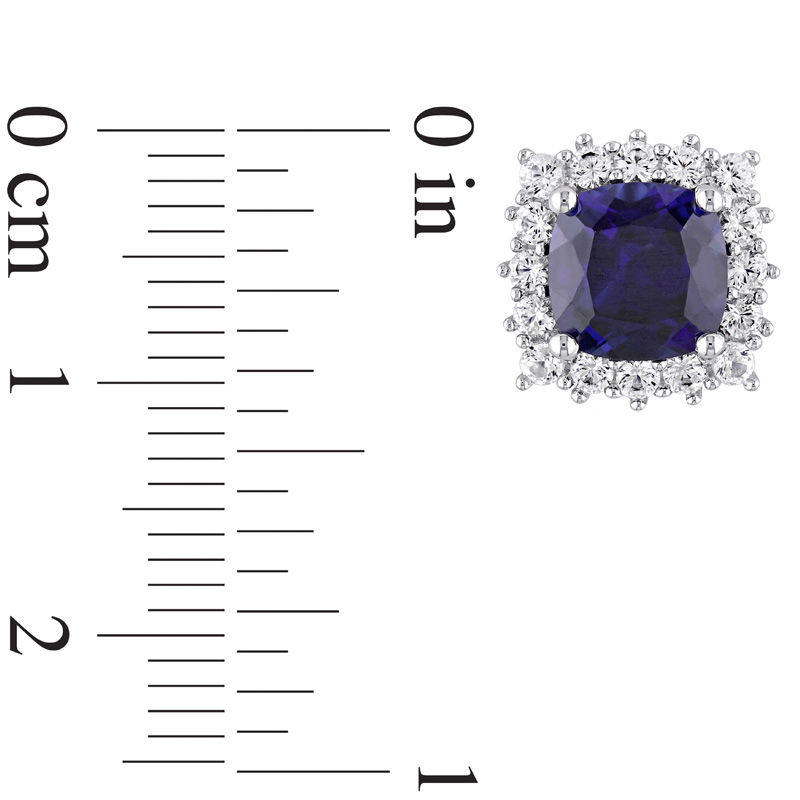 7.0mm Cushion-Cut Lab-Created Blue and White Sapphire Frame Stud Earrings in Sterling Silver